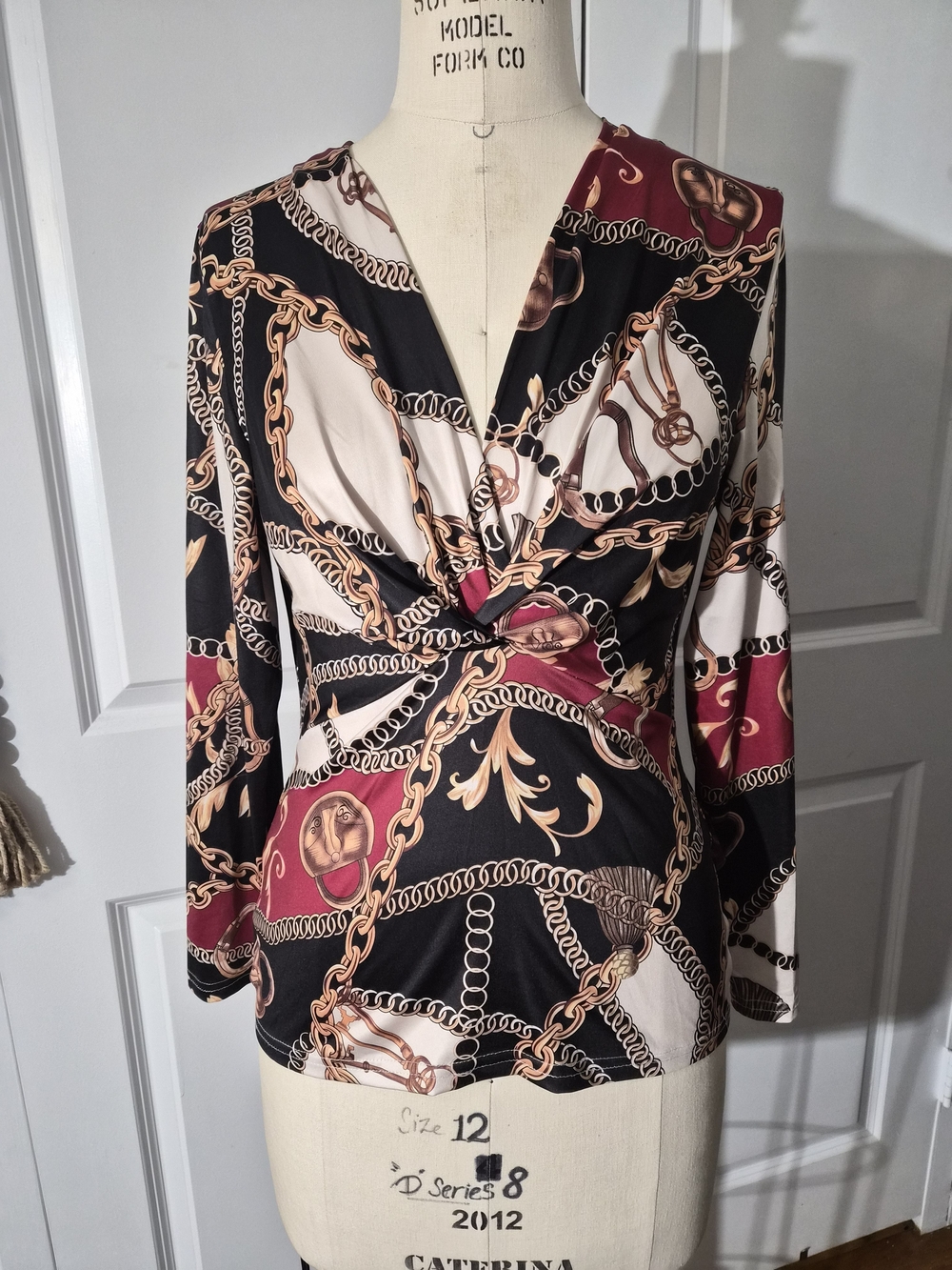 Twist-Front Chain Print Blouse - Black, Burgundy & Cream